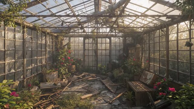 Panning camera and sunlight brightening revealing greenhouse decay with glass panes, bench, vines
