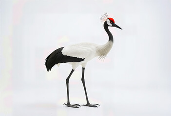 Fototapeta premium Red-crowned Crane stands on white background, Grus japonensis, long legs, elegant, Japanese aesthetics
