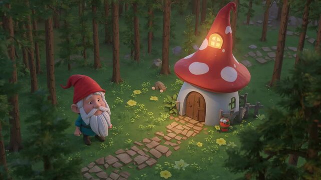 Standing gnome in red hat scanning mushroom cottage at forest glade, noticing warm light and bird