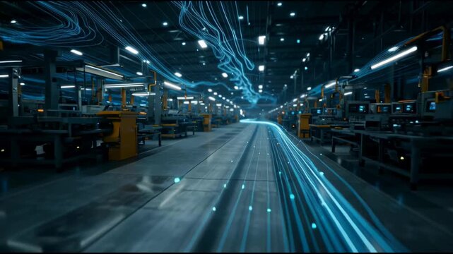 Futuristic ai controlled factory with glowing digital data streams