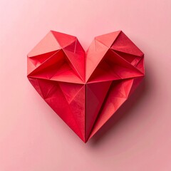 Origami Red Paper Heart on Pink Background Symbolic of Love