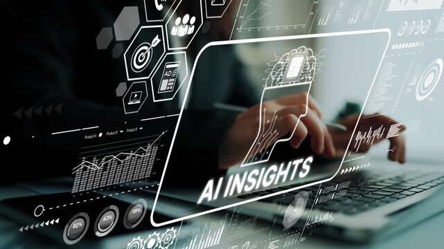 Person using laptop with overlay of AI insights graphics and analytics in modern office environment. Asymptotic smart data analytic.