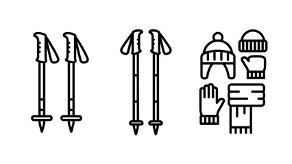 Obraz premium Skiing equipment icons: poles, hat, gloves, and scarf, representing gear for winter sports and cold-weather activities.