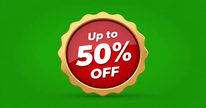 Animated realistic discount badge with up to 50 percent off on green background promotional sale sticker with golden border and white text seamless loop with animation