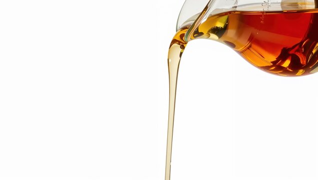 Vintage syrup jug pouring golden maple syrup with pancake stack reflection on white background