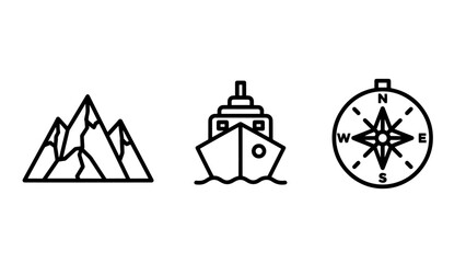 Adventure icons: jagged mountain range, a ship at sea, and a compass rose indicating directions, symbolizing travel and exploration.