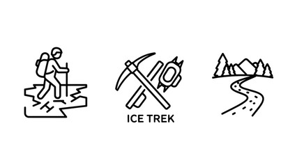 Icons for mountaineering and ice trekking: a hiker on a rocky path, crossed ice axe and crampons, and a mountain trail with trees, signifying adventure.