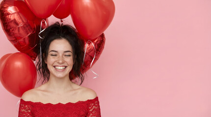Happy freckled woman laughing with eyes closed surrounded by red heart balloons