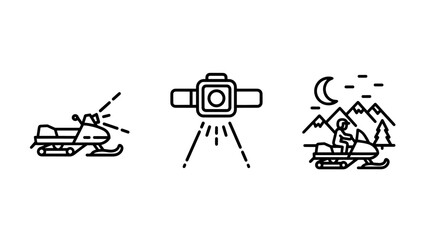 Winter adventure icons: a snowmobile on snowy terrain, a spotlight or camera with light beams, and a person riding a snowmobile at night, depicting winter recreation.