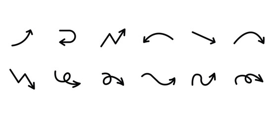 Arrow icons set in line style. Curved arrows. Arrow sign, direction, rotation, up, upward, down, upward arrow symbols, vector illustrations on a transparent background.