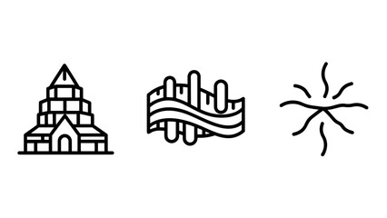 Architectural and abstract icons: Stacked building, abstract waves, and starburst.