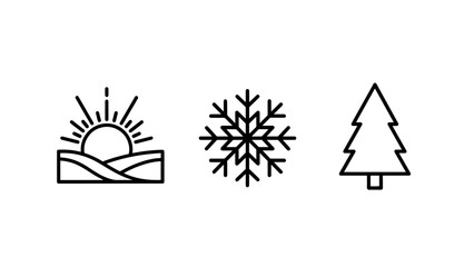 Seasonal icons: Sunrise over landscape, snowflake, and evergreen tree, representing seasons.