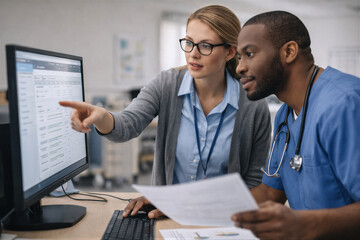 Fototapeta premium Personel medyczny analizujący dokumentację pacjenta przy komputerze w placówce ochrony zdrowia