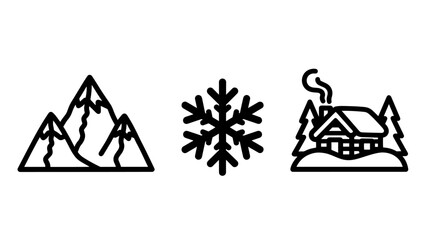 Winter scene icons: mountains, snowflake, and cozy cabin in snow