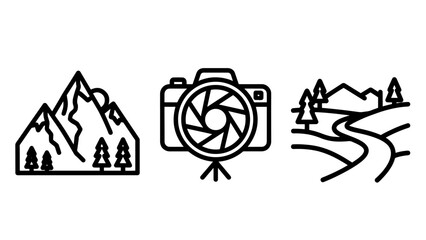 Photography and landscape icons: mountains, camera aperture, and scenic road