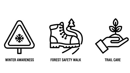 Outdoor Safety and Nature Conservation Icons: Winter Awareness Sign, Forest Safety Walk, and Trail Care Hand Outline