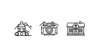 Line art icons featuring a photographer capturing mountain landscapes, travel adventures, and cozy winter cabins for outdoor tourism.