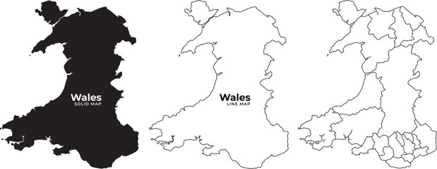 Wales map illustrations in black and white with text labels for geographic and educational use