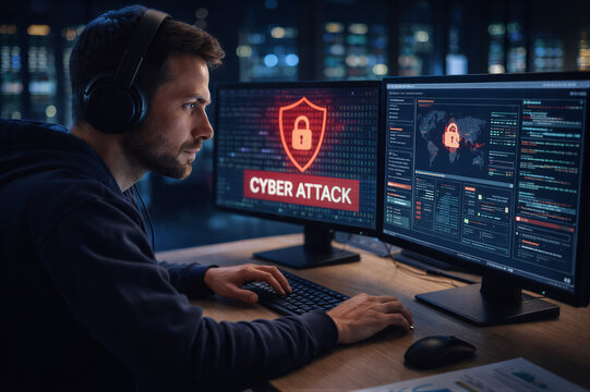 Specjalista IT monitorujący cyberatak na komputerach w centrum operacyjnym bezpieczeństwa
