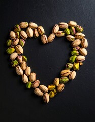 Pistachio Nuts Arranged in a Heart Shape on Black Background