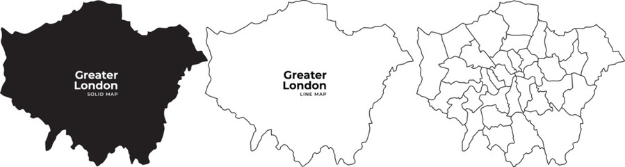 Greater london boroughs map illustration with black white and outline variations for navigation and planning © Meizan 
