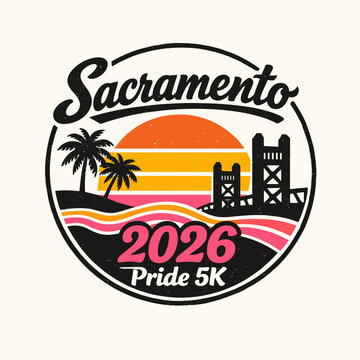 The logo/design for Sacramento Pride 5K 2026 is very stylish, with a retro vibe, sunset, palm trees, Tower Bridge (Sacramento's iconic bridge) and waves in the colours of the Pride flag.