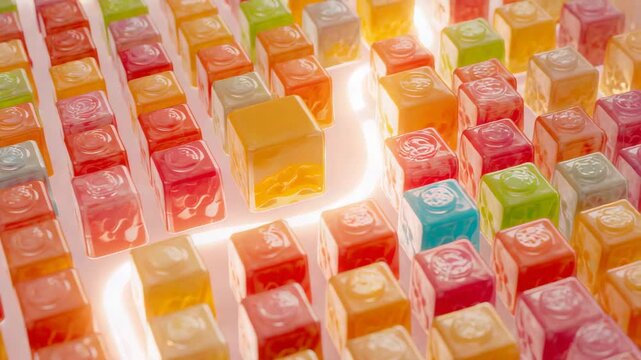 Light rising along glowing ribbon, translucent cubes focusing on center yellow cube on white base