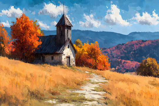 Wooden old church in a beautiful autumn rural landscape, watercolor illustration generated by AI