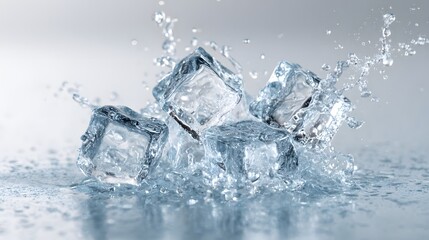 Dynamic Water Splash with Ice Cubes on a Light Gradient Background