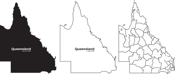 Queensland australia map illustrations in black and white with outline and regional divisions © Meizan 