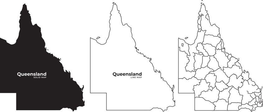 Queensland australia map illustrations in black and white with outline and regional divisions