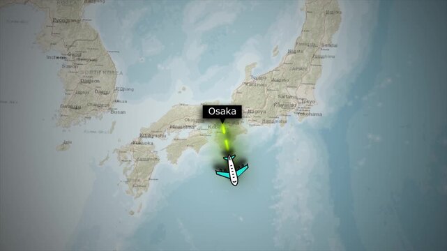 Flight Route Map Animation from Osaka Japan to Sydney Australia on World map