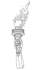 Outline of a hand holding a torch with flames rising above it  