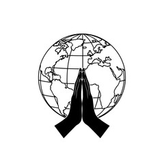 Praying hands in front of a globe representing global unity and peace  