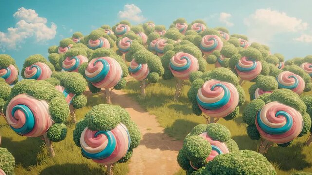 Advancing camera revealing swirled-crown tree grove on dirt path at hill, showing candy crowns