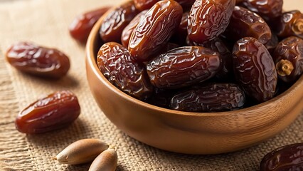 Wooden bowl filled with sweet dried dates on burlap surface with scattered date pits