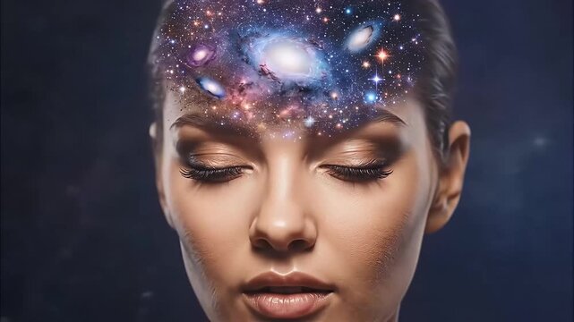 Surreal cinematic video of a woman whose mind becomes a universe, galaxies and supernovae looping inward through shifting cosmic scales.