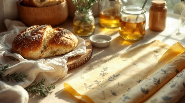Eco friendly beeswax food wraps and fresh bread loaf on a rustic table in warm morning sunlight