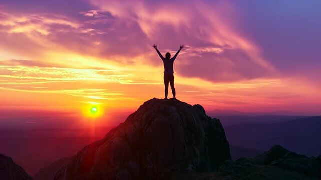 Silhouetted woman celebrating success on a mountaintop, watching a beautiful and colorful sunset