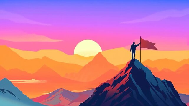 Man with flag standing on top of a mountain, symbolizing success, achievement, and goals