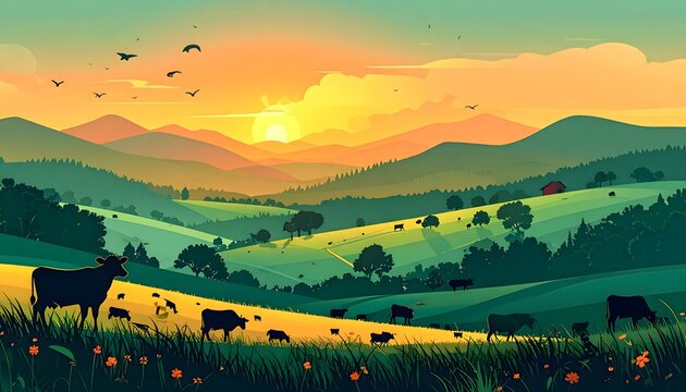 Paisaje rural ilustrado al atardecer con colinas verdes, ganado pastando y cielo c&aacute;lido