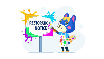 Cartoon Character Painting Restoration Notice On Sign With Bright Colors