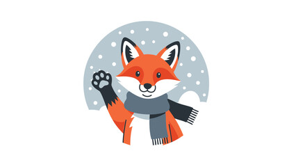 Obraz premium Cartoon Fox Waving Hand Wearing Scarf In Winter Snow Scene Illustration