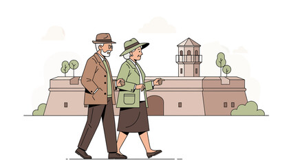 Charming Elderly Couple Strolling Near Historical Landmark Illustration Adobe Stock