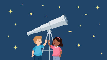Cartoon Kids Exploring Space with Telescope Under Starry Night Sky