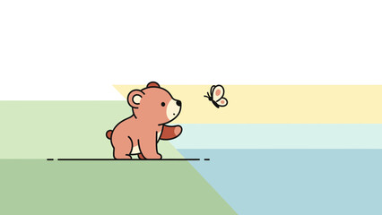 Cartoon Little Bear Trying To Catch Flying Butterfly On Colorful Background