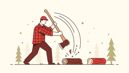 Cartoon Logger Chopping Wood For Firewood During Winter With A Sharp Axe