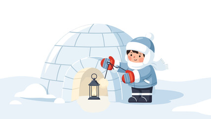 Cartoon Little Boy Exploring Igloo with Lantern In Winter Season Scene