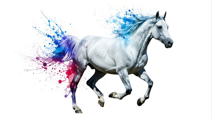 Naklejka premium Majestic White Horse Galloping with Vibrant Rainbow Paint Splatter Explosion on White Background Fantasy Magic Power Freedom Concept