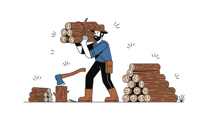 Cartoon Logger Working With Logs and Axe For Lumberjack Activities